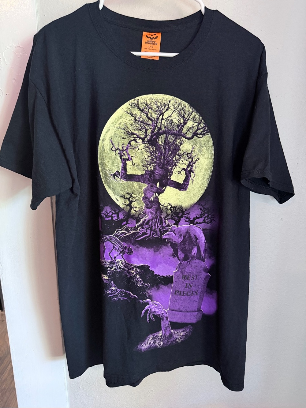 Happy Halloween Black Purple Graveyard Graphic T-Shirt Unisex Large